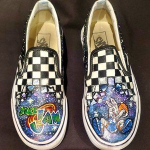 Space Jam Custom Painted Checkered Slip-On Vans